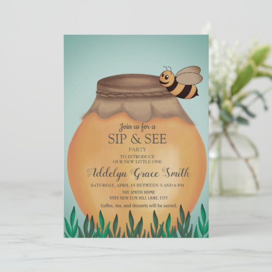 Honey Pot and Honeybee Sip See Baby Shower Einladung (Stehend Vorderseite)