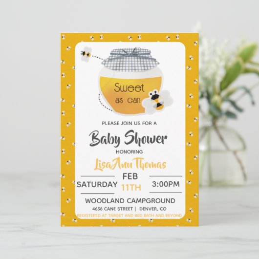 Honey Pot & Bee Baby Shower Einladung (Stehend Vorderseite)