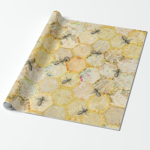 Honey Queen Bee Floral Honeycomb Gold Geschenkpapier