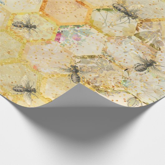 Honey Queen Bee Floral Honeycomb Gold Geschenkpapier (Ecke)