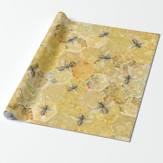 Honey Queen Bee Floral Honeycomb Gold Geschenkpapier (Ungerollt)
