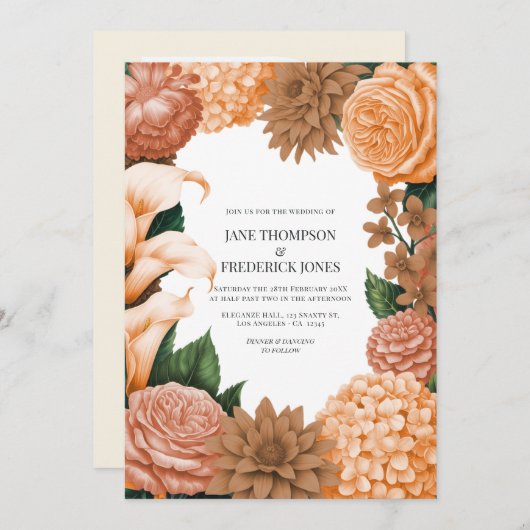 Honey Rose, Apricot Fleur & Toffee Bloom Wedding Einladung (Vorne/Hinten)