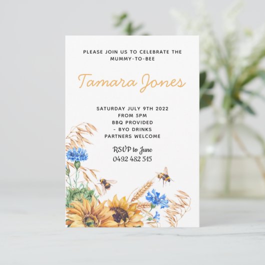 Honey Sunflower Bee Baby Dusche Einladung (Stehend Vorderseite)