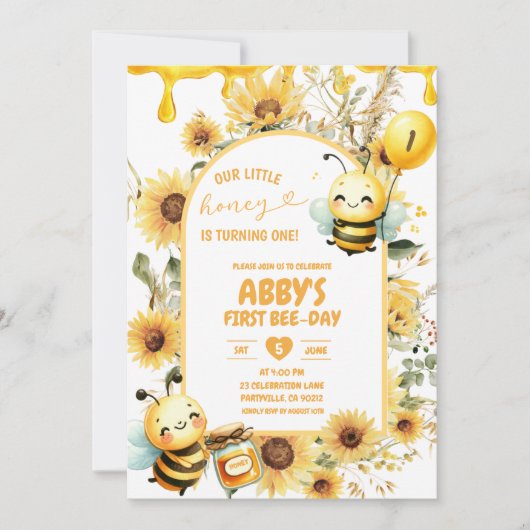 Honey Sunflower First BeeDay Einladung (Vorderseite)