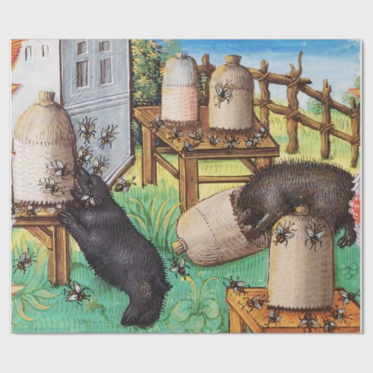 HONEY THIEF BEARS, BIES, BEE NIMMT mittelalterlich Geschenkpapier (Flach)