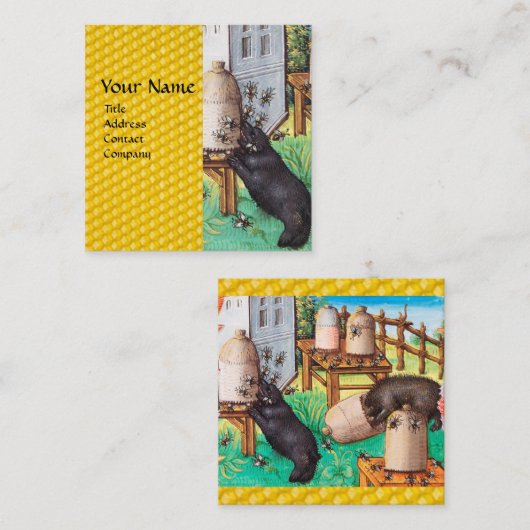 HONEY THIEF BEARS, BIES, BEE NIMMT mittelalterlich Quadratische Visitenkarte (Vorne/Hinten)