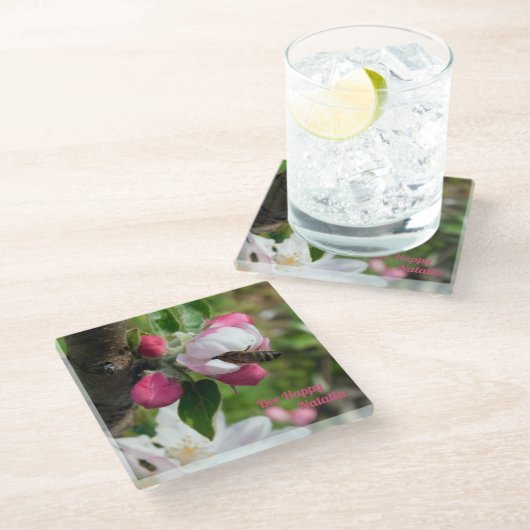 Honeybee & Apple Blossom | Fine Art Glass Coasters Glasuntersetzer (Schrägansicht)