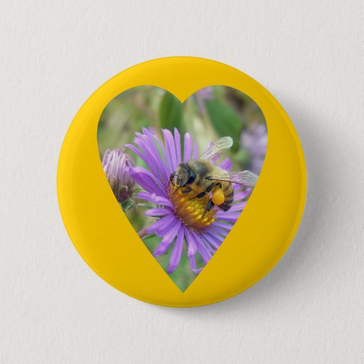 Honeybee auf Fall Asters Herz Button (Vorderseite)