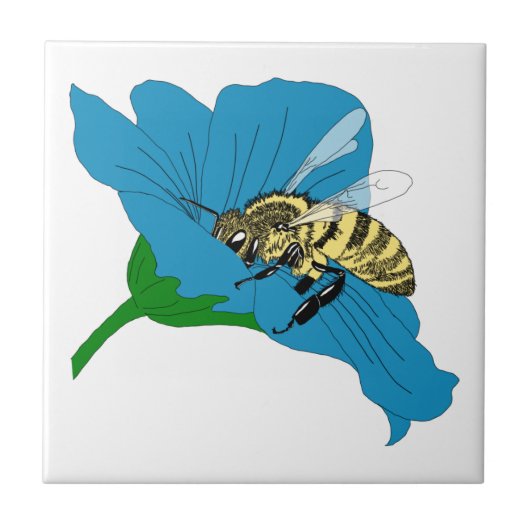 Honeybee Blue Blume Illustration Fliese (Vorderseite)