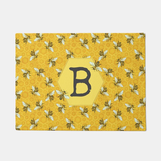 Honeybee Honeycomb Bee Hive Swarm Family Monogram Fußmatte (Vorderseite)