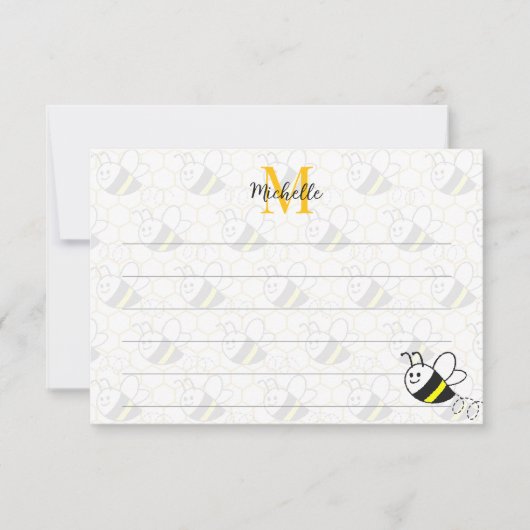 Honeybee Honeycomb Drawing Custom Lined Monogram Mitteilungskarte (Vorderseite)