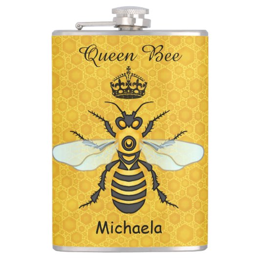 Honeybee Honeycomb Queen Bee Crown Custom Text Flachmann (Vorderseite)