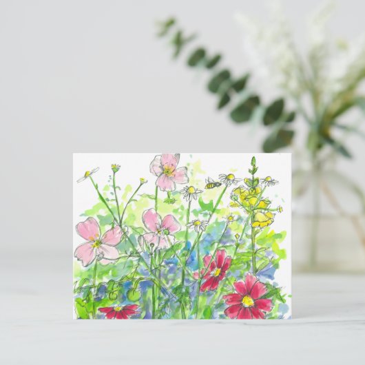 Honeybienen Primrose Wildblume Garden Postkarte (Stehend Vorderseite)