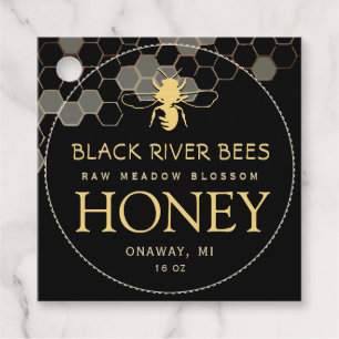Honeycomb & Bee Raw Honey Jar Tag Black Geschenkanhänger