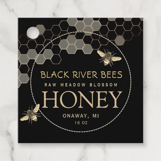 Honeycomb & Bees Honey Jar Neck Tag Black Geschenkanhänger (Vorderseite)