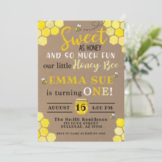 Honeycomb Bumble Bee 1. Geburtstag Einladung (Stehend Vorderseite)