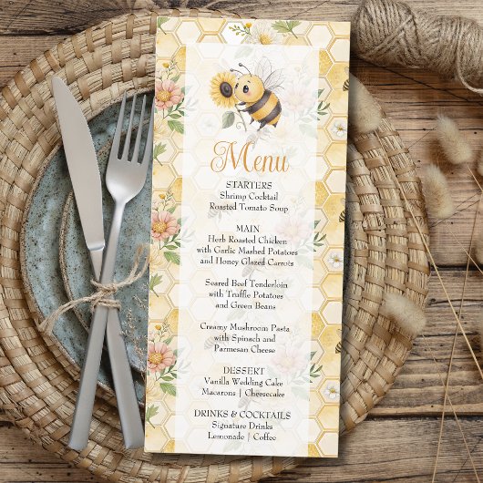 Honeycomb Floral Bee Classy Custom Baby Shower Menükarte
