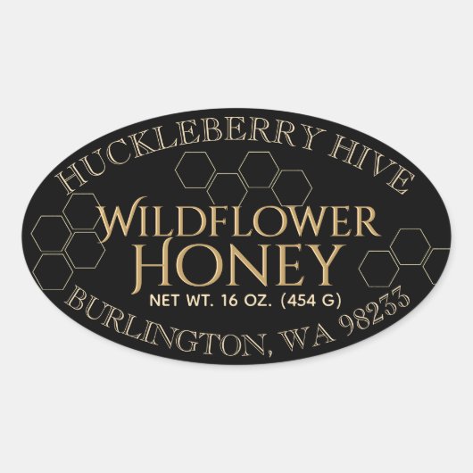 Honeycomb Honey Black Gold Oval Honey Label Ovaler Aufkleber (Vorderseite)