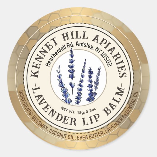 Honeycomb & Lavender Lip Balm Label Elfenbeingold Runder Aufkleber (Vorderseite)