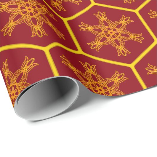 Honeycomb Snowflake Maroon Gelbes Muster Elegant Geschenkpapier (Rolleneckpunkt)