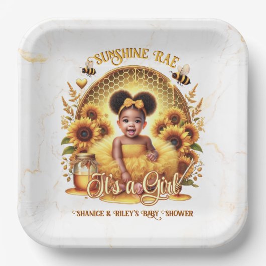 Honeycomb & Sonnenblumen Niedlich Afro Puff Baby G Pappteller (Vorderseite)
