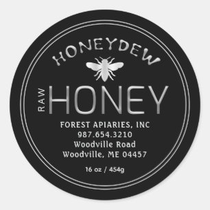 HONEYDEW FOREST HONEY Silver on Black with Bee Runder Aufkleber