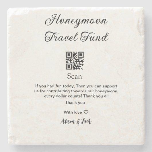 Honeymoon-Fonds QR-Code scannen Namen hinzufügen Steinuntersetzer (Vorderseite)