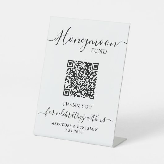 Honeymoon Fund Elegante Kalligraphie QR Code Hochz Sockelschild (Vorderseite)