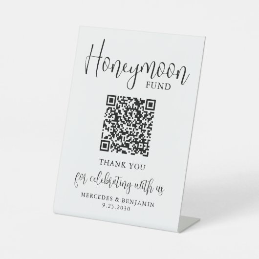Honeymoon Fund Elegante Script QR Code Hochzeit Sockelschild (Vorderseite)