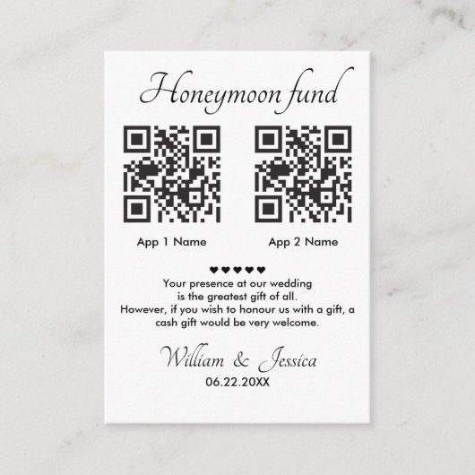 Honeymoon Fund mit 2 QR Code Begleitkarte (Vorderseite)