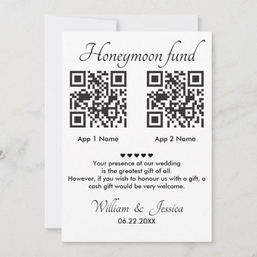 Honeymoon Fund mit 2 QR Code und Foto Einladung (Vorderseite)