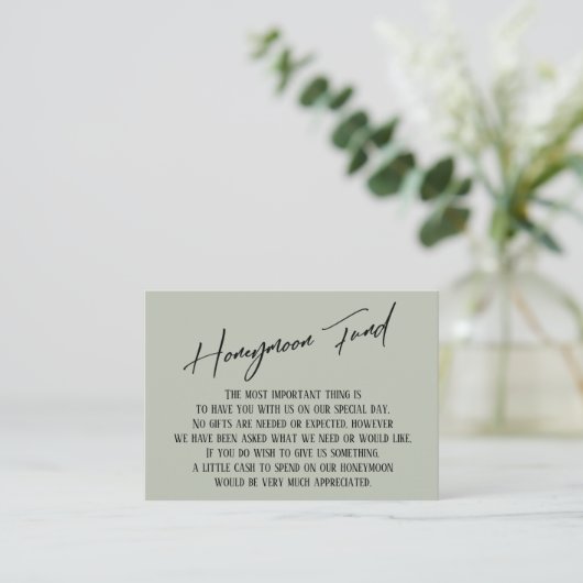 Honeymoon Fund Modern Handwriting Sage Green Begleitkarte (Stehend Vorderseite)