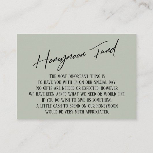 Honeymoon Fund Modern Handwriting Sage Green Begleitkarte (Vorderseite)