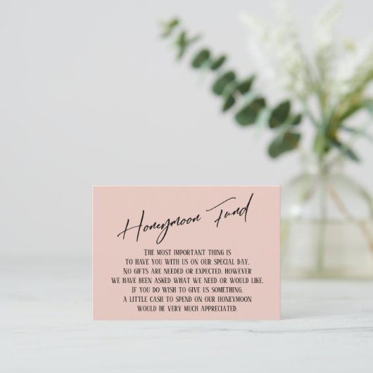 Honeymoon Fund Moderne Handwriting Simple Blush Begleitkarte (Stehend Vorderseite)