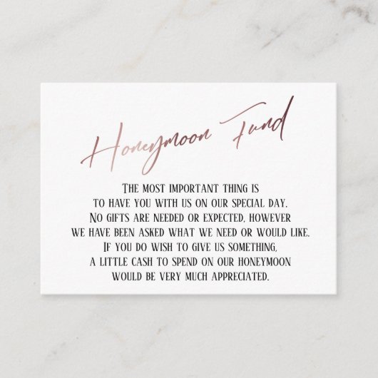 Honeymoon Fund Moderne Rose Gold Handwriting Begleitkarte (Vorderseite)