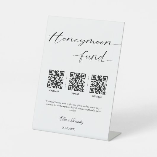 Honeymoon Fund Modernes Cash QR Code Hochzeit Sockelschild (Vorderseite)