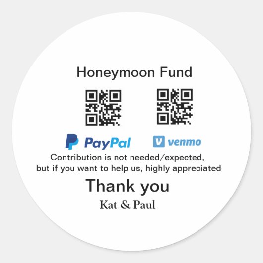 Honeymoon Fund PayPal Venmo QR Code Vielen Dank Runder Aufkleber (Vorderseite)