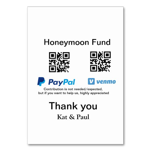 Honeymoon Fund PayPal Venmo QR Code Vielen Dank Tischnummer (Rückseite)