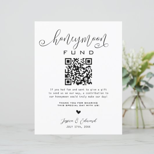 Honeymoon Fund Qr Code Black Chic Modern Minimal (Stehend Vorderseite)