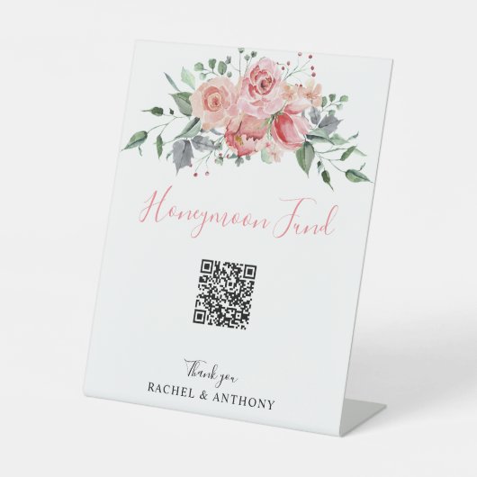 Honeymoon Fund QR Code Boho Wedding Floral Pink Sockelschild (Vorderseite)