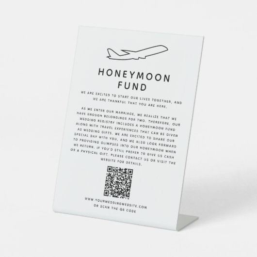 Honeymoon Fund QR Code Digital Wedding Registry Sockelschild (Vorderseite)
