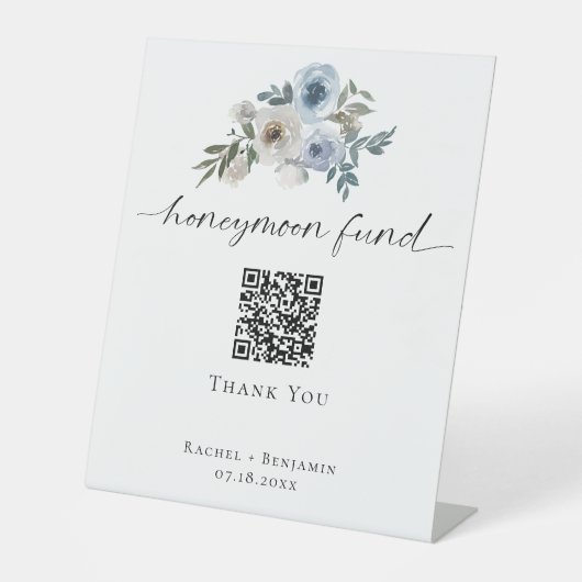 Honeymoon Fund QR Code Dusty Blue Wedding Sockelschild (Vorderseite)