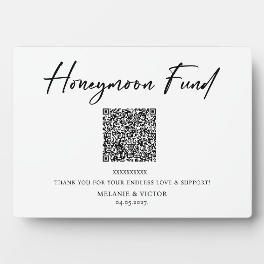 Honeymoon Fund QR Code Wedding Sign Poster Fotoplatte (Vorderseite)