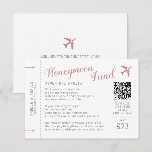 Honeymoon Fund Registry Wish Request Begleitkarte (Vorne/Hinten)