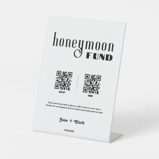 Honeymoon Fund Retro Cash QR Code Wedding Sign Sockelschild (Vorderseite)
