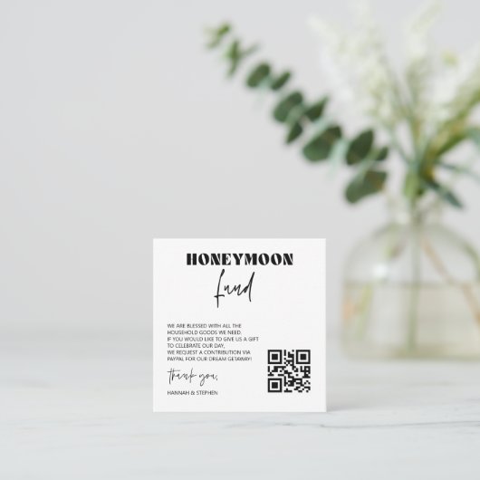 Honeymoon Fund Scan Enclosure Card QR Code Hochzei Quadratische Visitenkarte (Stehend Vorderseite)