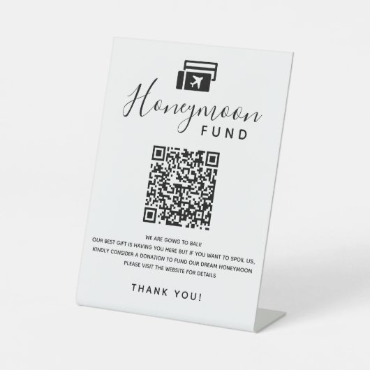 Honeymoon Fund Scan QR Code Digital Wedding Wish Sockelschild (Vorderseite)