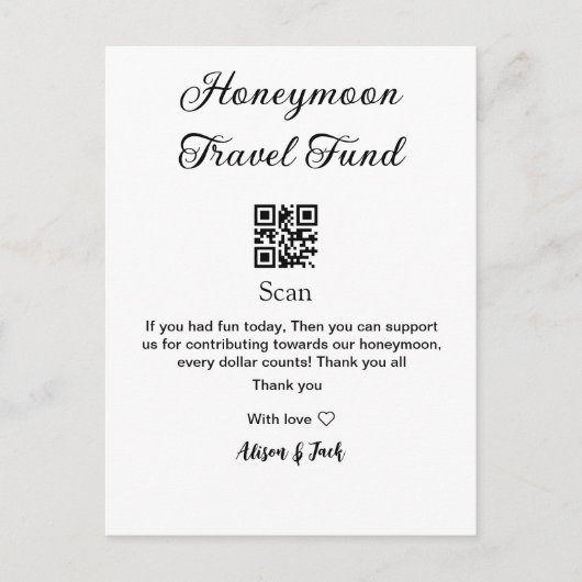 Honeymoon Fund Scan QR Codeadname Postkarte (Vorderseite)