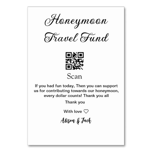 Honeymoon Fund Scan QR Codeadname Tischnummer (Vorderseite)