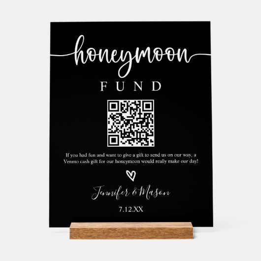 Honeymoon Fund Sign, QR Code Honeymoon Wish Black Acrylschild (Vorderseite)